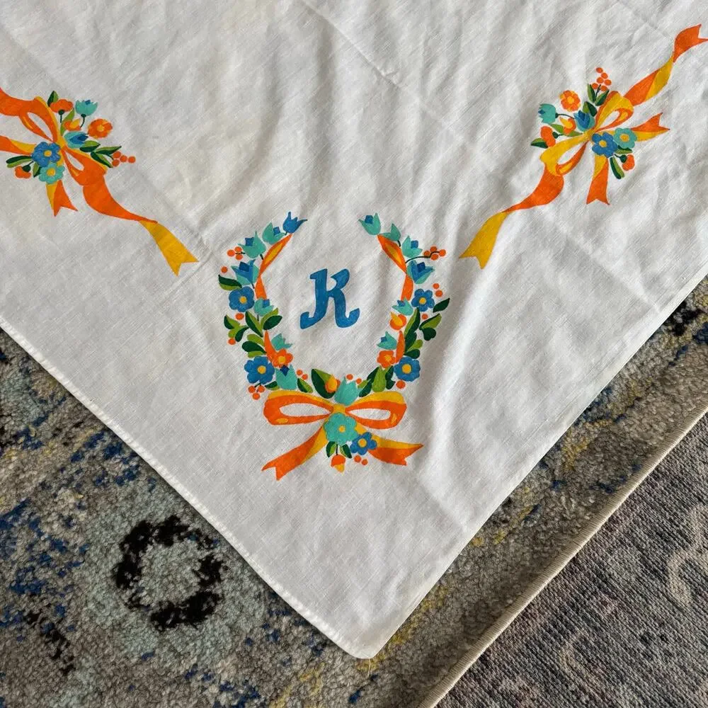 Fabric Painted Floral Tablecloth Monogram K Yellow Orange Cottage Core 54x68